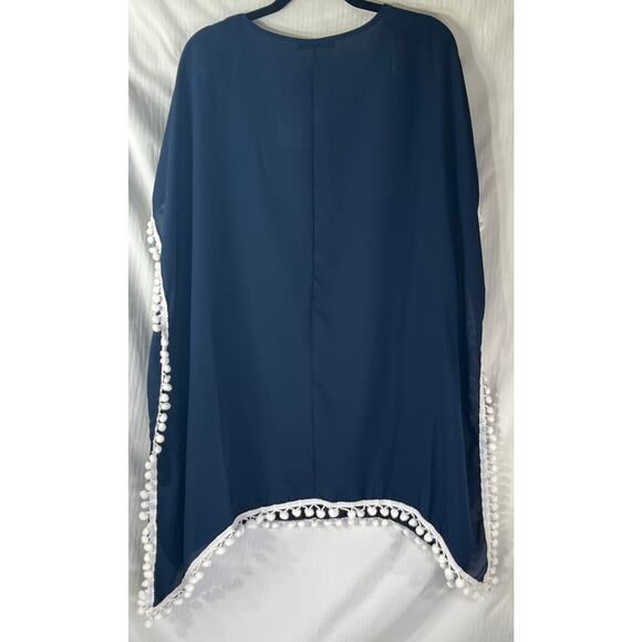 Adreamly Blue Chiffon White Tassel Kaftan Beach Cover Up Size Small NWT - Picture 2 of 5